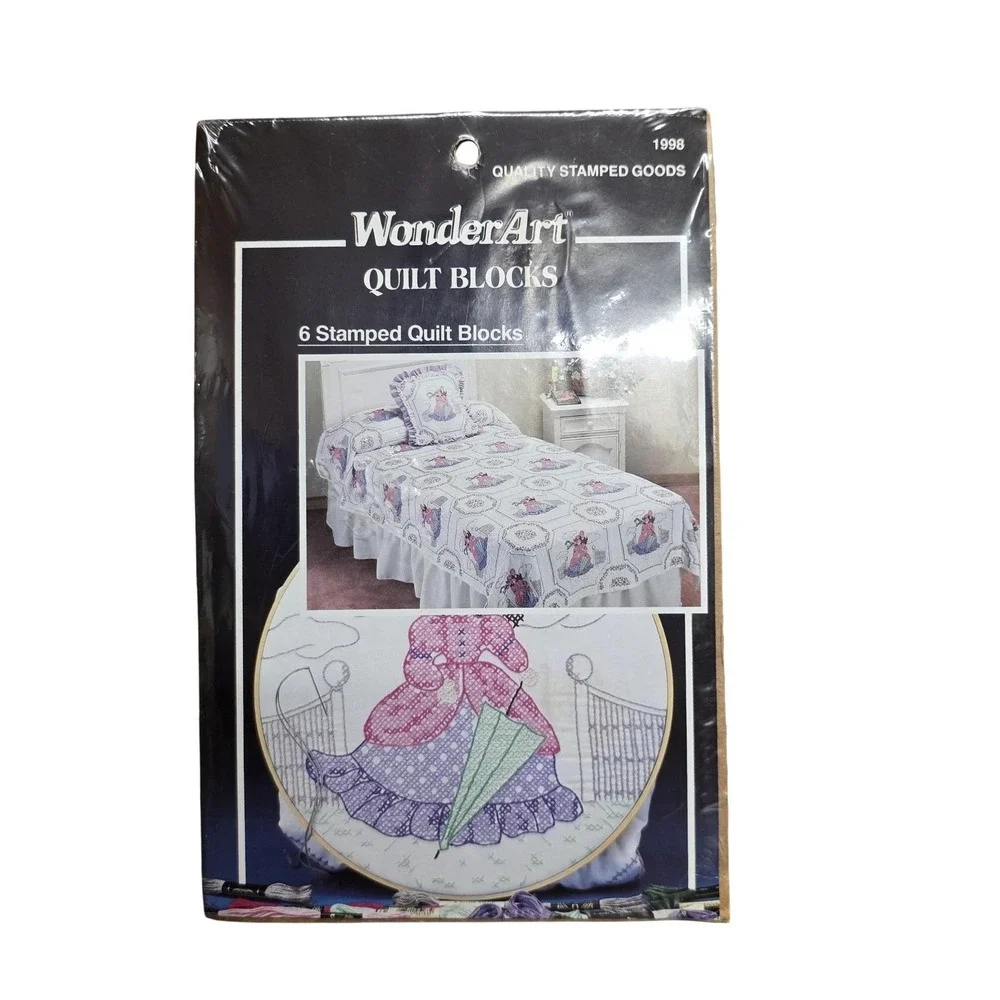 Vintage WonderArt Young Scarlet Quilt Blocks Kit 6 Stamped 16x16 Patchwork